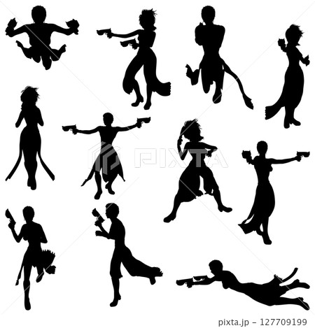 Warrior Girl Running with Gun Silhouette Warrior Girl Running with Gun Silhouette 127709199