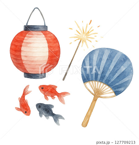 夏祭りを彩るアイテムセットの水彩風イラスト（提灯・うちわ・金魚・線香花火） 127709213