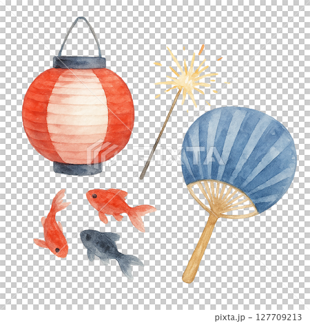 夏祭りを彩るアイテムセットの水彩風イラスト（提灯・うちわ・金魚・線香花火） 127709213