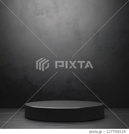 Minimalist Round Black Pedestal on Textured Dark Background. Generative AI Minimalist Round Black Pedestal on Textured Dark Background. Generative AI 127709224