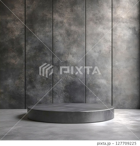 Minimalist Round Dark Pedestal Against Textured Grey Wall. Generative AI Minimalist Round Dark Pedestal Against Textured Grey Wall. Generative AI 127709225