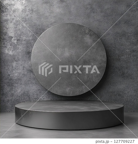 Minimalist Grey Round Pedestal on Dark Textured Background. Generative AI Minimalist Grey Round Pedestal on Dark Textured Background. Generative AI 127709227