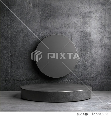 Minimalist Round Dark Pedestal with Metal Rim Against Rough Wall Background. Minimalist Round Dark Pedestal with Metal Rim Against Rough Wall Background. 127709228