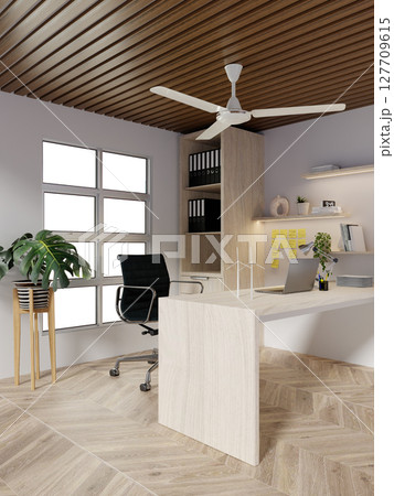 Sustainable workspace design emphasizing natural materials and greenery. 3D render illustration Sustainable workspace design emphasizing natural materials and greenery. 3D render illustration 127709615