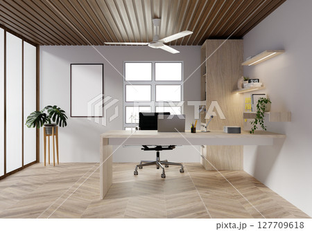 Sustainable home office layout with natural aesthetics and functionality. 3D render illustration 127709618