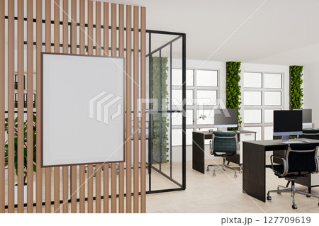 Sustainable office space with minimalist design elements. 3D render illustration Sustainable office space with minimalist design elements. 3D render illustration 127709619