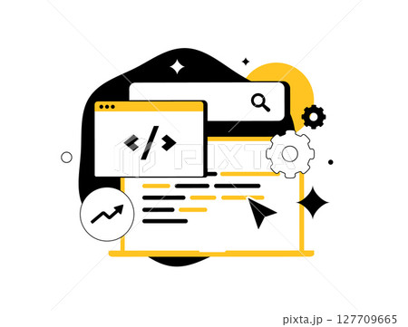 Technical SEO optimization supports crawlability and structured data, while technical SEO optimization also improves metadata, code, indexing and overall web site health modern vector illustration 127709665
