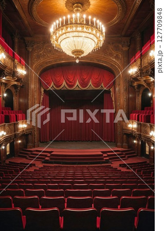 A lavish vintage theater with red velvet seats, ornate wooden details, and a grand chandelier glows in warm golden light A lavish vintage theater with red velvet seats, ornate wooden details, and a grand chandelier glows in warm golden light 127709848