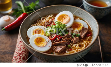 A hearty bowl of ramen with boiled eggs, beef slices, scallions, and chili peppers served hot with rich broth and vibrant ingredients A hearty bowl of ramen with boiled eggs, beef slices, scallions, and chili peppers served hot with rich broth and vibrant ingredients 127709852