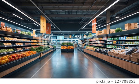 A brightly lit grocery store aisle displays fresh produce and packaged goods in clean, modern shelves for a seamless shopping experience 127709853
