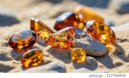 Glowing amber gemstones rest on golden sand, catching sunlight and casting rich reflections near smooth coastal pebbles 127709854