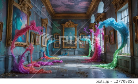 A fantasy-inspired gallery bursts with colorful flowing fabric sculptures and classical gold-framed paintings under a dreamy painted ceiling 127709855