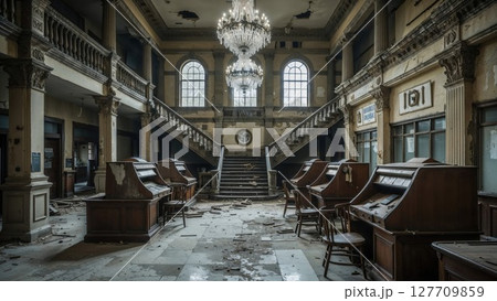 A decaying grand hall with broken furniture, chandeliers, and dual staircases tells stories of lost elegance and historic splendor 127709859