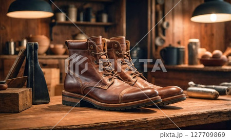 A pair of rugged brown leather boots sits on a wooden table in a rustic workshop, surrounded by vintage tools and warm lighting, evoking a sense of craftsmanship and quality 127709869