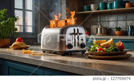 flaming toast popping out of a stainless steel toaster in modern kitchen setting with fresh salad and citrus fruits on marble countertop. Teal cabinets provide stylish backdrop 127709874