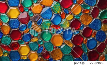 Vivid mosaic of colorful glass pieces in various shapes, creating a vibrant, textured, and artistic background 127709889