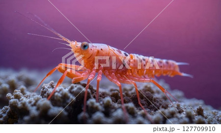 Close-up of colorful shrimp with blue eyes resting on coral against a pink background in underwater macro photography 127709910