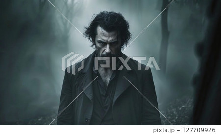 Dark-haired man stares intensely in eerie foggy forest, his rugged face lit by soft grey light, surrounded by shadowy tree 127709926