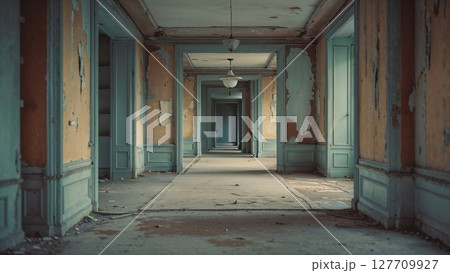 Peeling paint and broken plaster line the walls of a long deserted hallway, light fading through cracked doors in eerie silence 127709927