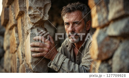 Rugged older man with weathered hands hides behind a crumbling stone wall, eyes filled with resolve 127709928