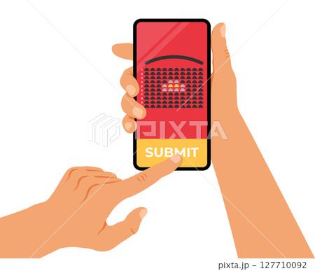 Cinema booking online. Human hands holding smartphone with cinema seat booking. Vector illustration 127710092