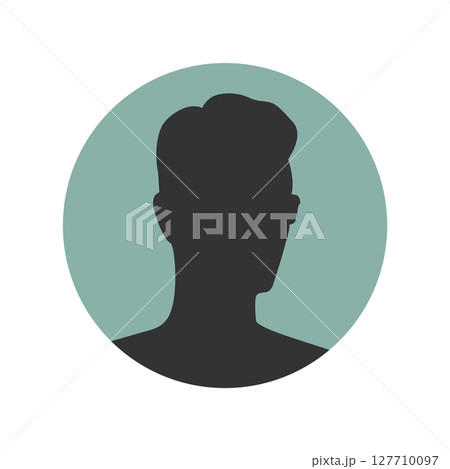 Round emblem with silhouette of a half turned man in eyeglasses. Vector illustration 127710097