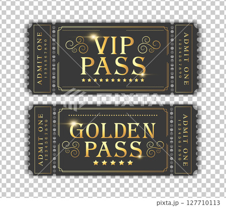 VIP pass and golden pass templates. Suitable for festival, cinema, theater, concert, casino, circus, event tickets. Vector illustration 127710113