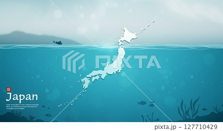 穏やかな水面下に浮かぶ日本の地図は透明感のある青色が特徴的 127710429