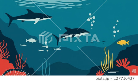 活気ある水中の風景はサメや色とりどりの魚が泳いでいる様子 127710437