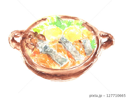 石狩鍋の水彩イラスト – 鮭と野菜たっぷりの北海道郷土料理 127710665