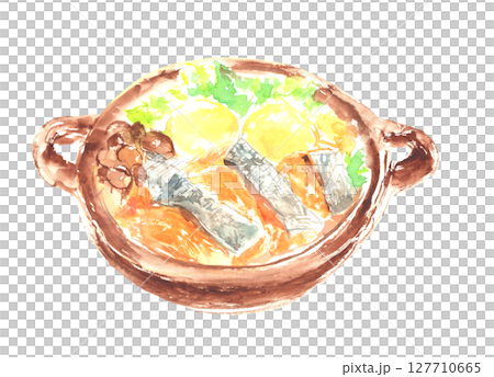 石狩鍋の水彩イラスト – 鮭と野菜たっぷりの北海道郷土料理 127710665