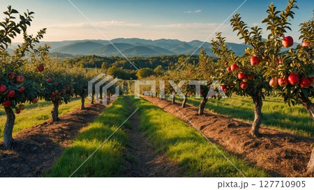 Two rows of apple trees full of fruit seen under a blue sky, ready for picking Two rows of apple trees full of fruit seen under a blue sky, ready for picking 127710905