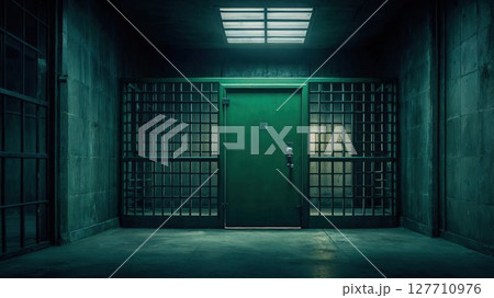 A dimly lit, dark prison cell featuring a green door with metal bars 127710976