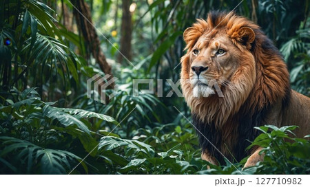 A majestic lion with a full mane stands amidst lush green jungle foliage, gazing intently into the distance, embodying strength and wild beauty 127710982
