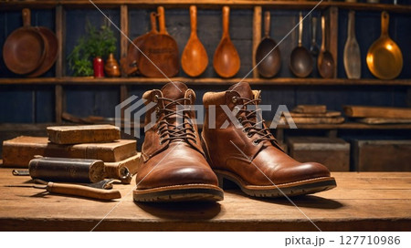 A stylish pair of brown leather boots is resting on a rustic wooden table 127710986