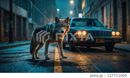 Dramatic night scene of wolf standing in urban alley with vintage car's headlights illuminating wet pavement. Cinematic composition combines wild nature with city atmosphere in blue-orange tones 127711009