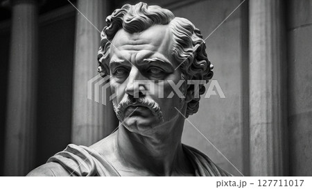 A detailed marble bust of a man with a prominent mustache and curly hair, showcasing intense expression and classical neoclassical artistry, against a dark background 127711017