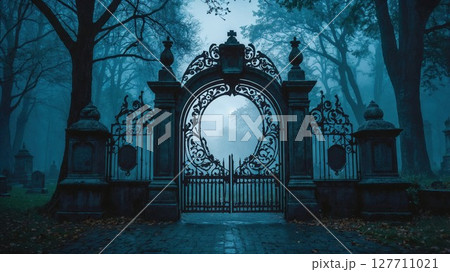There is a gate situated in a cemetery, with trees visible in the background 127711021