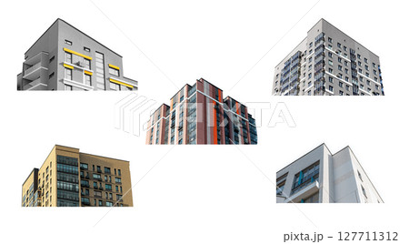 Contemporary multi storey buildings set, modern architecture with a colorful facade and large Contemporary multi storey buildings set, modern architecture with a colorful facade and large 127711312