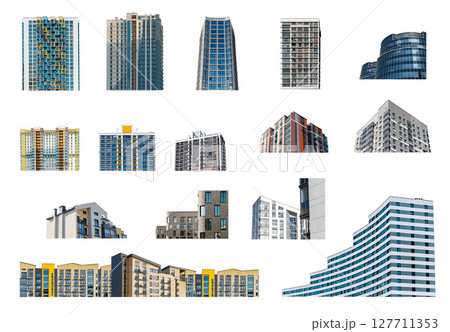 Modern multi storey apartment buildings set in an urban community, with glass windows and sleek 127711353