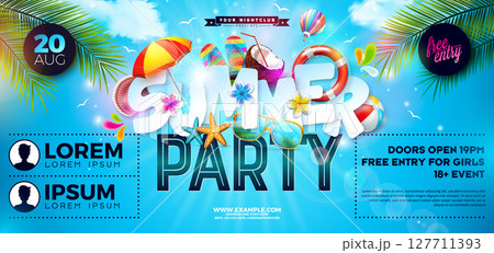 Summer Beach Party Banner Design with Flower, Beach Ball and Text Label on Tropical Palm Leaves Background. Vector Summer Holiday Illustration with Exotic Palm Leaves and Typography Lettering for 127711393