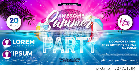 Summer Party Banner Design Template with Disco Ball and Beach Ball on Underwater Blue Ocean Background. Vector Summer Music and Dance Celebration Holiday Illustration with Tropical Palm Leaves and 127711394