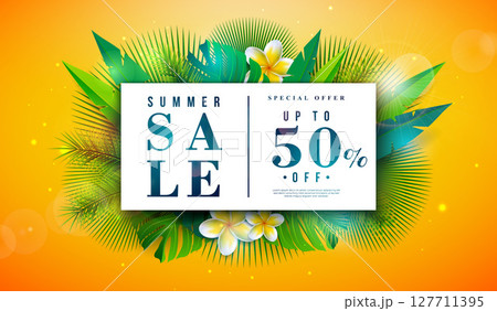 Summer Sale Business Promotional Banner Design with Flower, Tropical Palm Leaves and Typography Lettering on Sun Yellow Background. Vector Vacation Shopping Illustration with Special Offer Typography 127711395