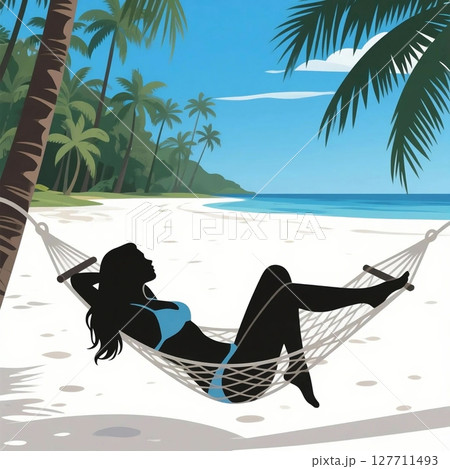 夏の綺麗な海辺、ヤシの木にハンモックをかけて休憩している水着姿の女性のシルエットイラスト 夏の綺麗な海辺、ヤシの木にハンモックをかけて休憩している水着姿の女性のシルエットイラスト 127711493