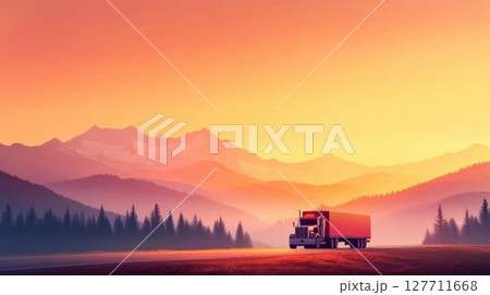 Majestic truck driving along a mountainous highway at sunset creating a picturesque travel experience in the evening serenity 127711668