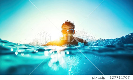 Bright sun illuminating a swimmer in clear blue waters during sunset at a tropical beach 127711707