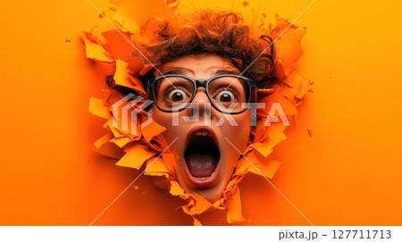 Expression of surprise and excitement from a person with curly hair, large glasses, and orange backdrop during a creative art session in a vibrant studio setting 127711713