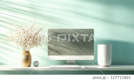 Modern workspace with a computer, potted plant, and decorative vase on a minimalist desk against a soft pastel wall during daylight hours 127711803