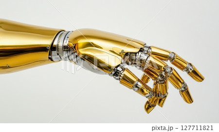 Futuristic golden robotic hand reaching out in a creative display of advanced technology and design 127711821