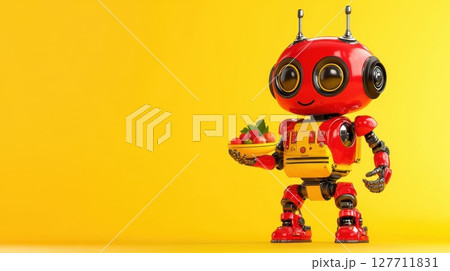 Bright red robot character holds a bowl of fresh strawberries against a cheerful yellow background during a sunny afternoon 127711831